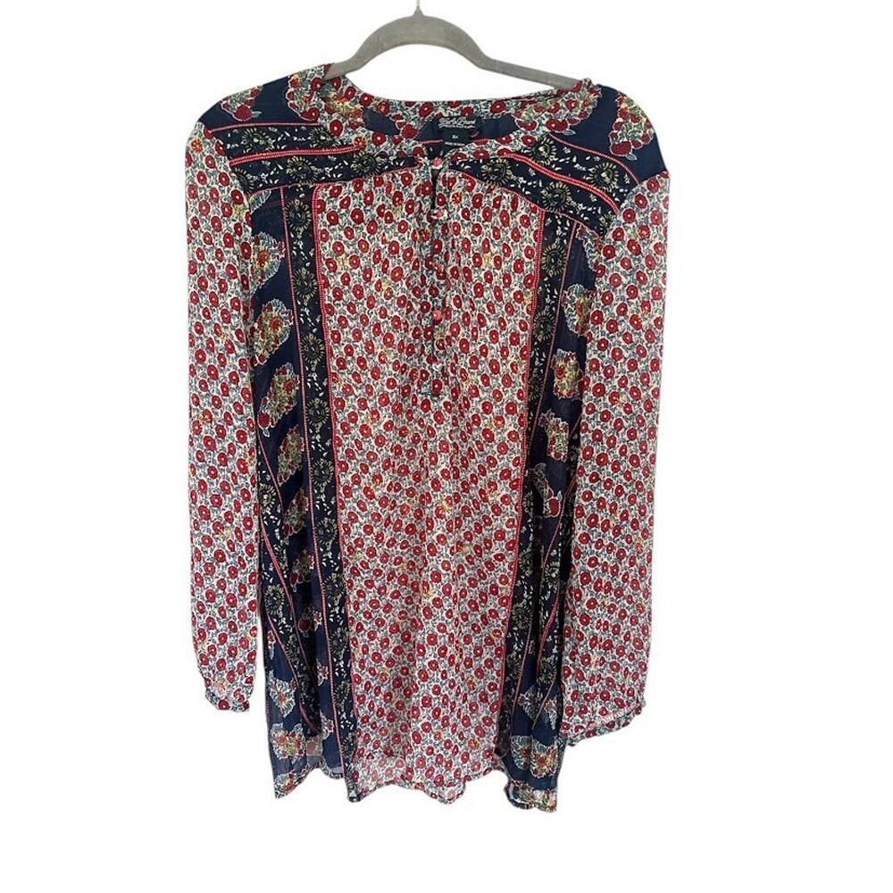 Lucky‎ Brand Womens Sheer Blouse Plus Size 2X Americana Boho Chiffon Mixed Print